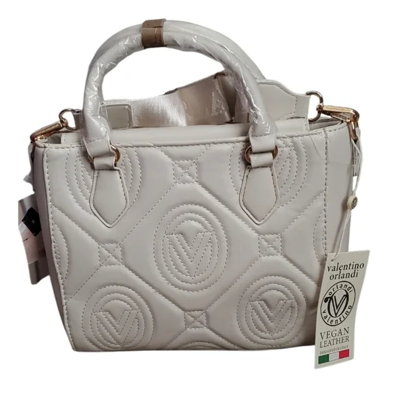 Buy Valentino Orlandi Cream Flapover V Logo Vegan Leather  Valentino Orlandi Cream Quilted Satchel with Gold Hardware display picture 1